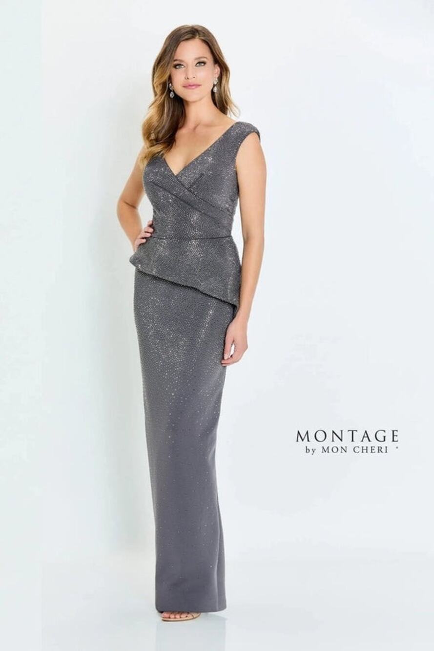 Montage by Mon Cheri M536 Charcoal Beaded Peplum Evening Gown Plus Size 16
